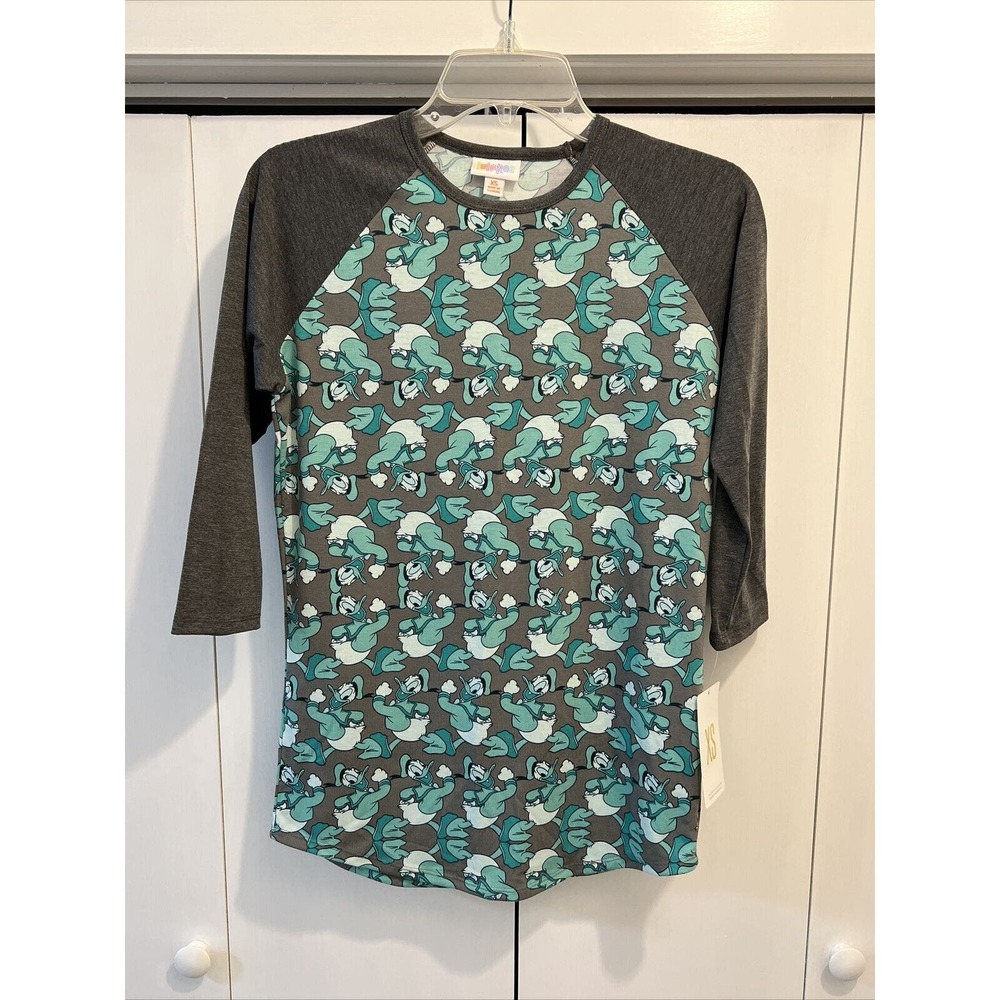 NEW Lularoe Womens Randy 3/4‎ Sleeve Shirt Disney Donald Duck GRAY/GREEN XS